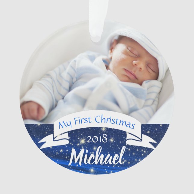 Baby Boy First Christmas Photo Ornament (Front)
