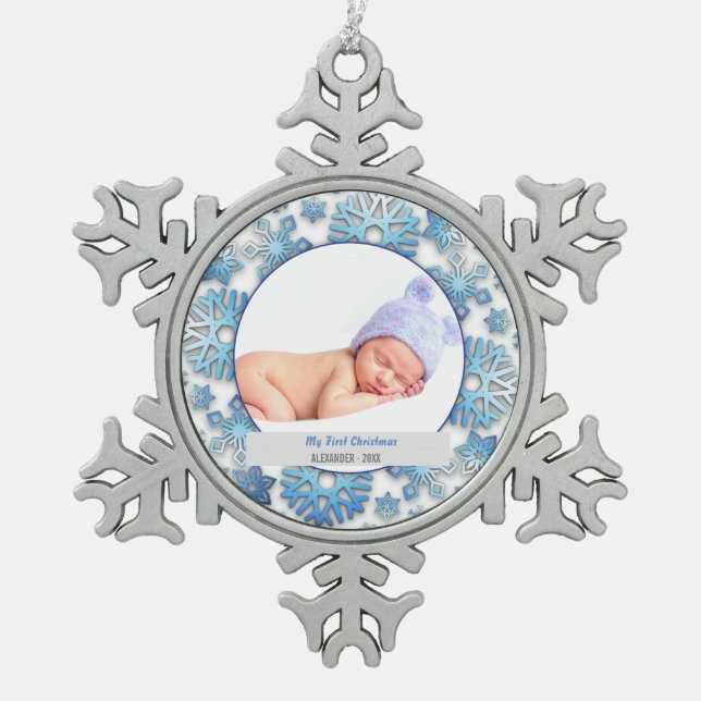 Baby Boy First Christmas Photo Snowflake Pewter Christmas Ornament (Front)