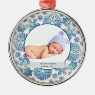 Baby Boy First Christmas Photo Snowflakes Metal Tree Decoration