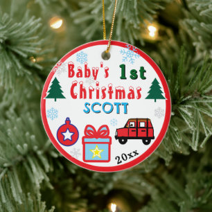 Baby Boy First Christmas Red Car NAME Ceramic Tree Decoration