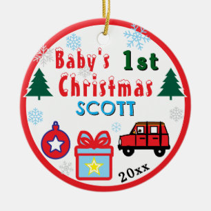 Baby Boy First Christmas Red Car NAME Ceramic Tree Decoration
