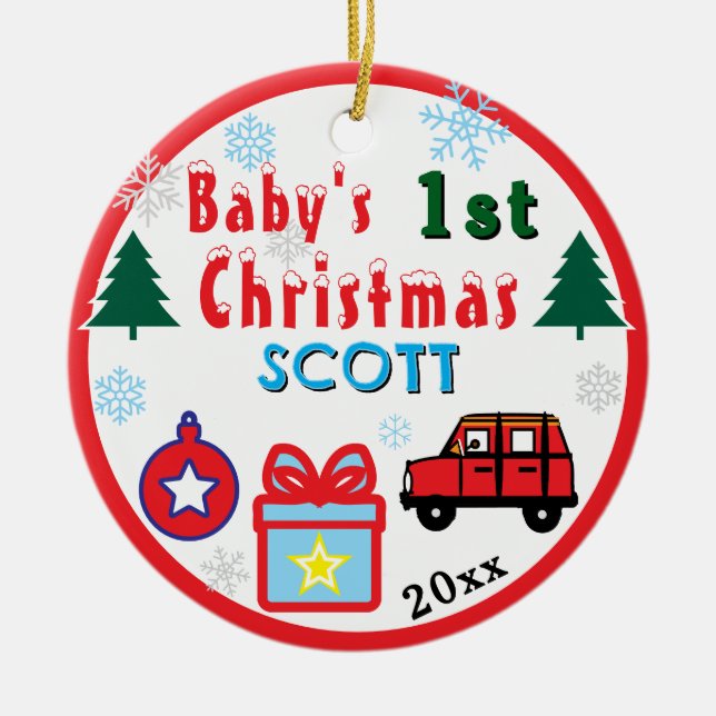Baby Boy First Christmas Red  Car NAME Ceramic Tree Decoration (Front)