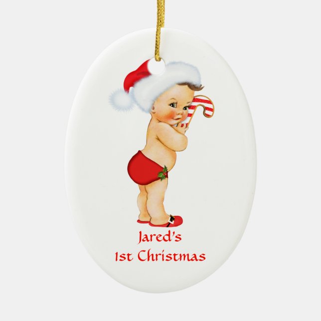 Baby Boy First Christmas Red Santa Hat Ceramic Tree Decoration (Front)