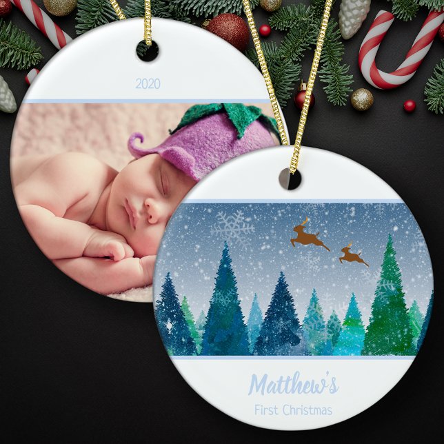 Baby Boy First Christmas Snowflake Photo Ceramic Tree Decoration (Creator Uploaded)