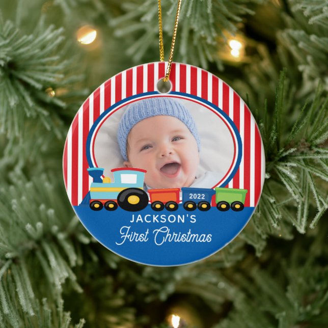Baby Boy First Christmas Train Photo Ceramic Tree Decoration (Tree)
