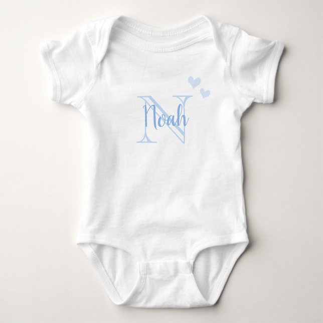 Baby Boy First Name Blue Monogram Heart Bodysuit (Front)