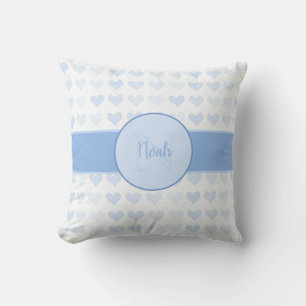 Baby Boy First Name Blue Monogram Heart Pattern Cushion