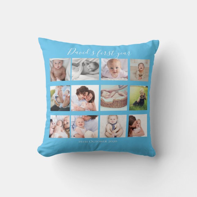 Baby Boy First Year Photo Collage Gift Blue Cushion (Front)