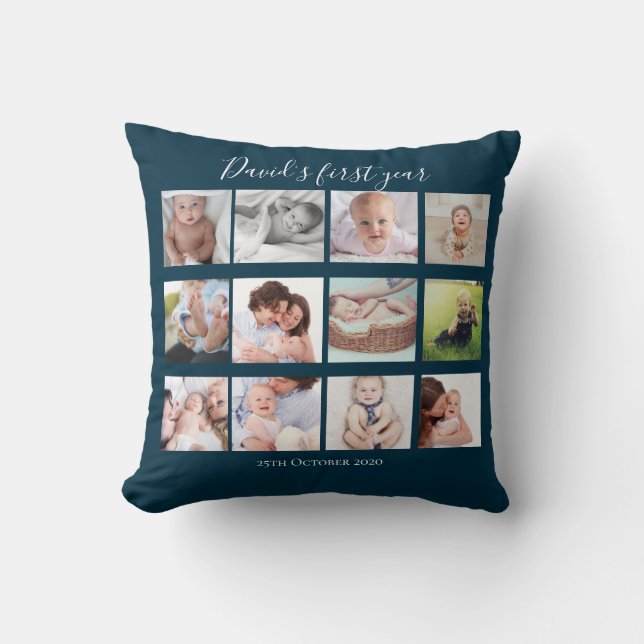 Baby Boy First Year Photo Collage Gift Navy Blue Cushion (Front)