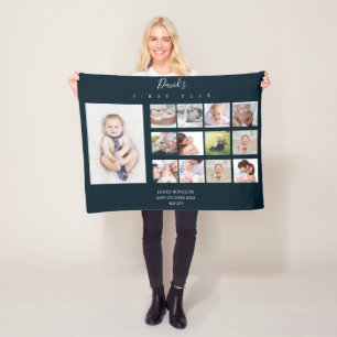 Baby Boy First Year Photo Collage Keepsake Navy Fleece Blanket