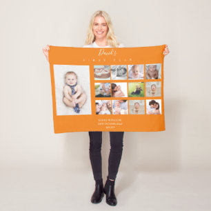 Baby Boy First Year Photo Collage Keepsake Orange Fleece Blanket
