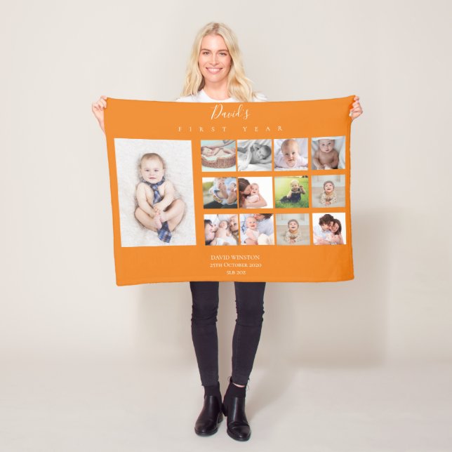Baby Boy First Year Photo Collage Keepsake Orange Fleece Blanket (In Situ)