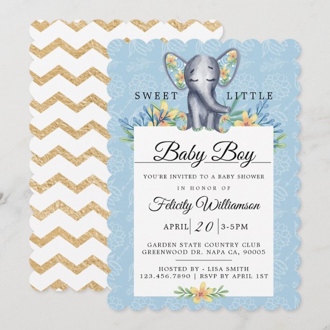 Baby Boy Floral Elephant Baby Shower Invitation (Front/Back)