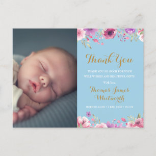 Baby Boy Floral Script Photo Thank You Birth  Announcement Postcard