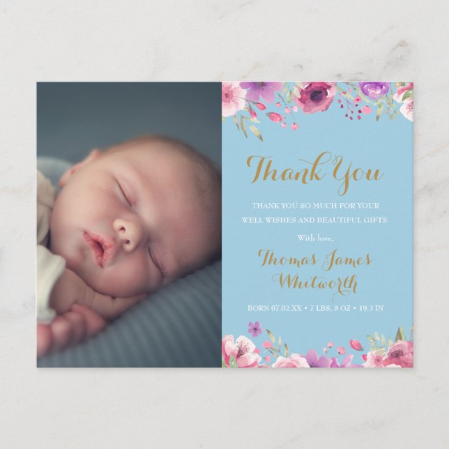 Baby Boy Floral Script Photo Thank You Birth  Announcement Postcard (Front)