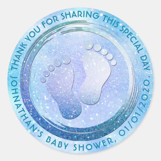 Baby Boy Footprint Glittering  Baby Shower Favour Classic Round Sticker (Front)