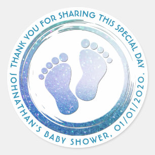 Baby Boy Footprint Glittering Baby Shower Favour Classic Round Sticker