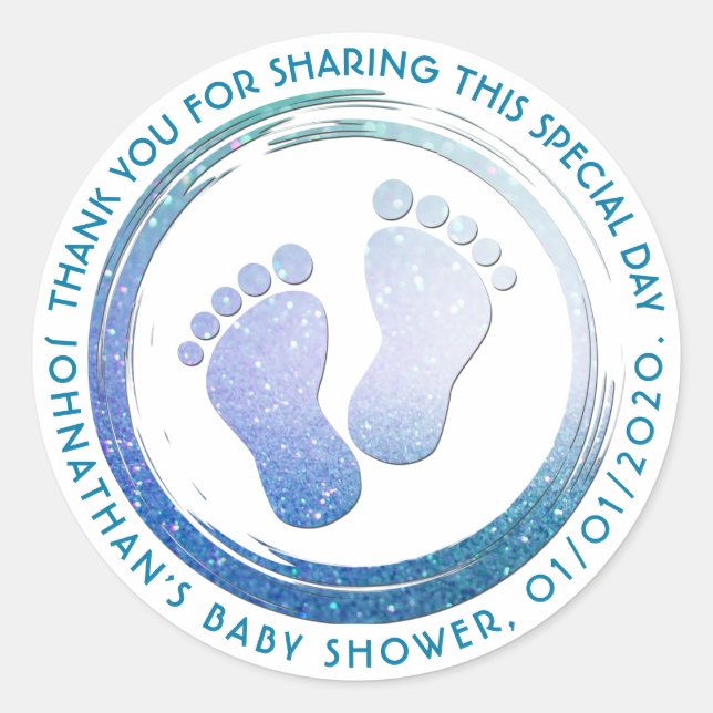 Baby Boy Footprint Glittering  Baby Shower Favour Classic Round Sticker (Front)