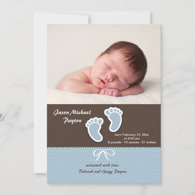 Baby Boy Footprints Photo Birth Announcement (Front)