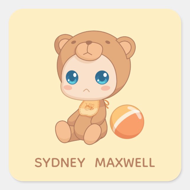 Baby Boy Girl Bear Jumpsuit Custom Name Yellow Square Sticker (Front)