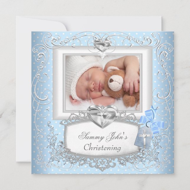 Baby Boy Girl Blue Christening Baptism Cross White Invitation (Front)
