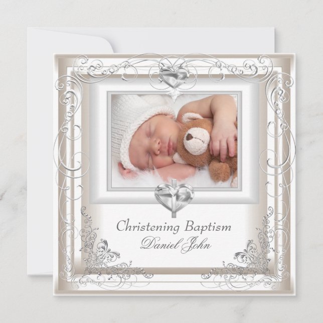 Baby Boy Girl Cream Christening Baptism Cross Invitation (Front)
