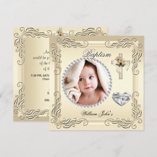 Baby Boy Girl Gold Cream Christening Baptism Cross Invitation (Front/Back)