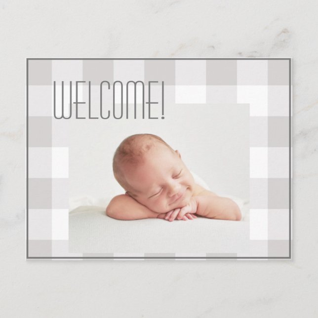 Baby Boy Girl Grey Check Name Birth Stats Baby Announcement Postcard (Front)