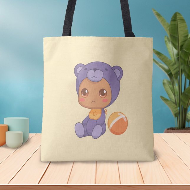Baby Boy Girl Purple Bear Jumpsuit on Yellow Tote Bag (Creator Uploaded)