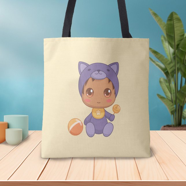 Baby Boy Girl Purple Cat Jumpsuit on Yellow Tote Bag (Creator Uploaded)