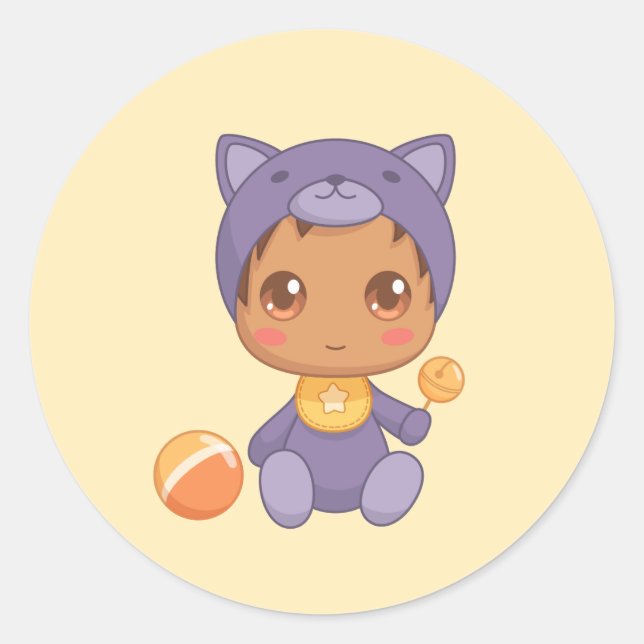 Baby Boy Girl Purple Cat Jumpsuit Yellow Classic Round Sticker (Front)