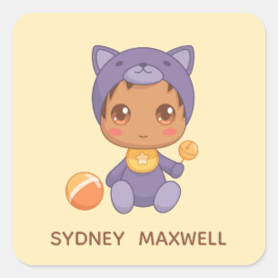 Baby Boy Girl Purple Cat Suit Custom Name Yellow Square Sticker