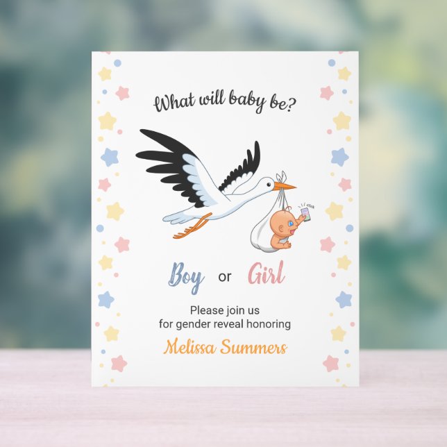 Baby Boy Girl Stork Gender Reveal Party Invitation Acrylic Sign (Neutral)