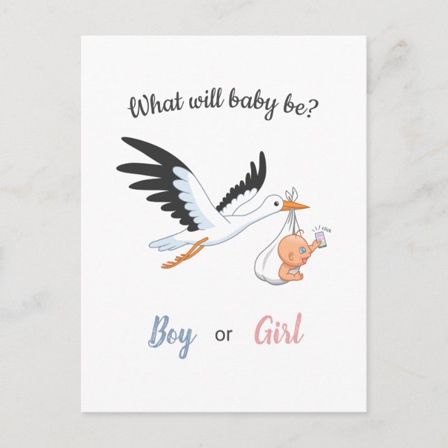 Baby Boy Girl Stork Gender Reveal Party Invitation Postcard (Front)