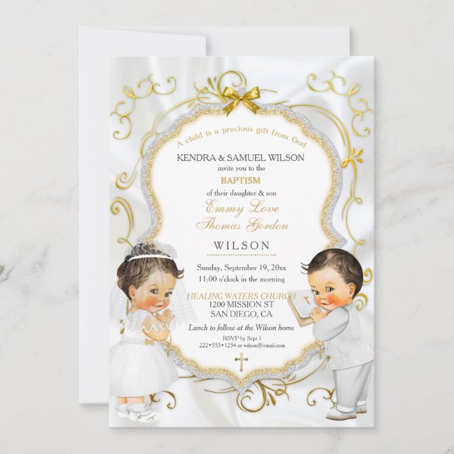 Baby Boy Girl Twins Baptism Christening Communion Invitation (Front)