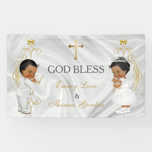 Baby Boy & Girl Twins Baptism Christening Ethnic B Banner (Horizontal)