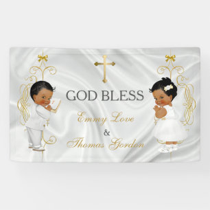Baby Boy & Girl Twins Baptism Christening Ethnic Banner