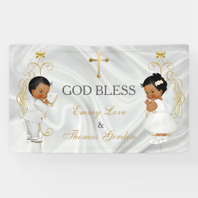 Baby Boy & Girl Twins Baptism Christening Ethnic Banner (Horizontal)