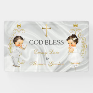 Baby Boy & Girl Twins Baptism Christening Gold Banner