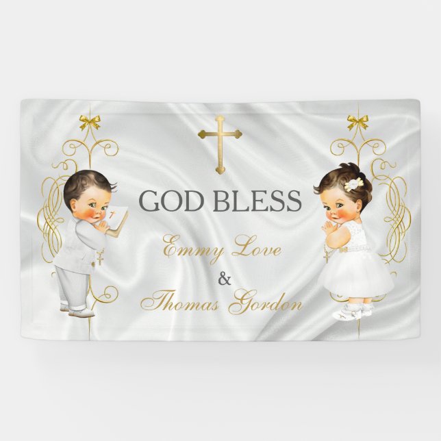 Baby Boy & Girl Twins Baptism Christening Gold Banner (Horizontal)