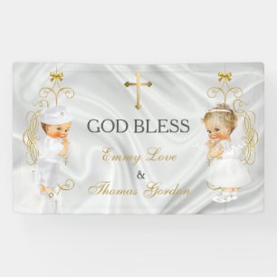 Baby Boy & Girl Twins Baptism Christening Gold Banner