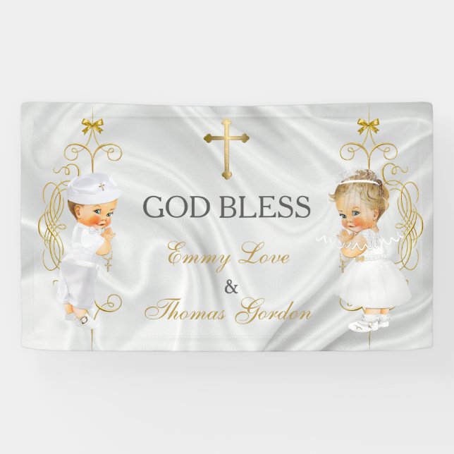 Baby Boy & Girl Twins Baptism Christening Gold Banner (Horizontal)