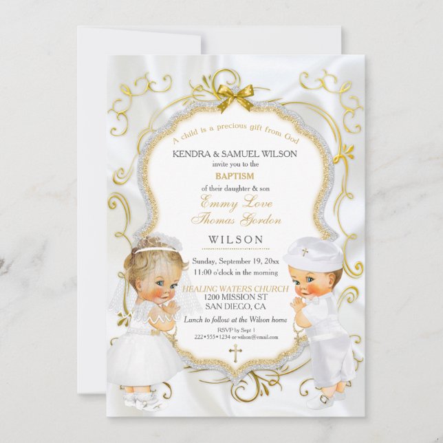 Baby Boy & Girl Twins Baptism Christening Gold Invitation (Front)