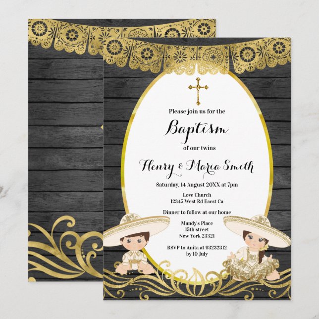Baby Boy & Girl Twins Baptism Christening Gold Invitation (Front/Back)