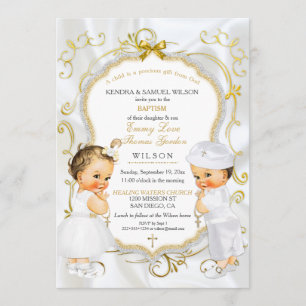 Baby Boy & Girl Twins Baptism Christening Gold Invitation