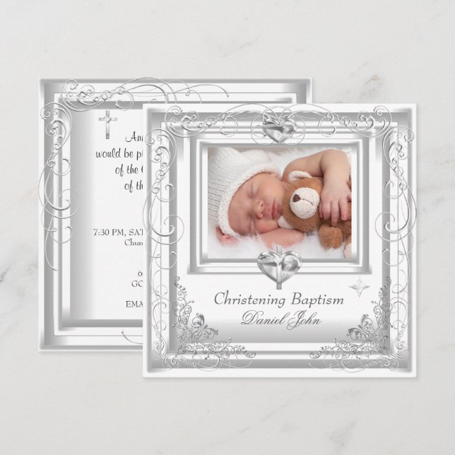 Baby Boy Girl White Christening Baptism Cross Invitation (Front/Back)