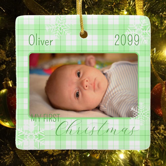 Baby boy green plaid snowflake first Christmas Ceramic Ornament (Creator Uploaded)