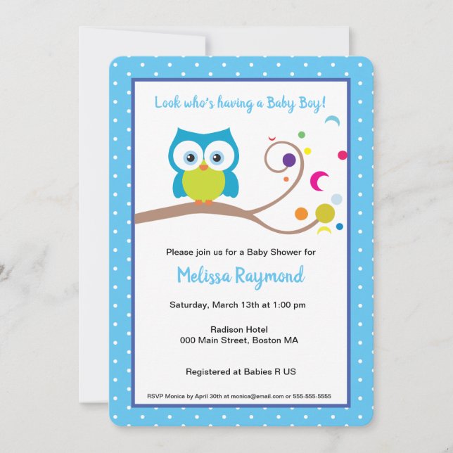 Baby Boy Hoot Owl Woodland Wildlife  Invitation (Front)
