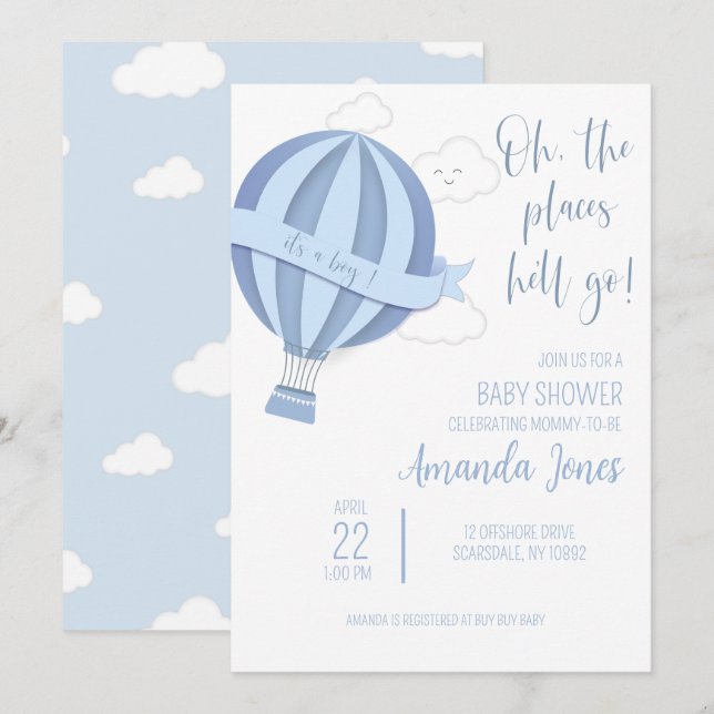 Baby Boy Hot Air Balloon Shower Invitation (Front/Back)