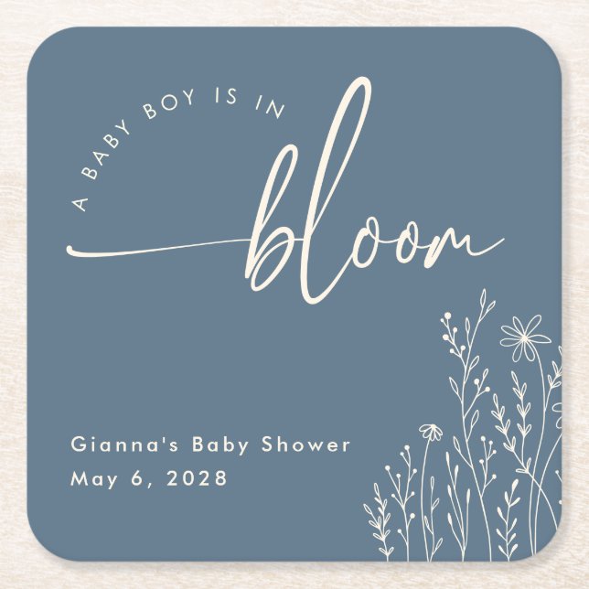 Baby Boy in Bloom - Dusty Blue Baby Shower Coaster (Front)
